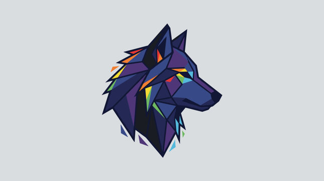 Geometric Wolf Head Vector Illustration, Low Poly Style with Rainbow Color Accents on Dark Blue and Purple Tones, Minimalist Animal Graphic Design