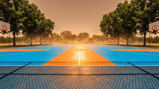 A brightly colored outdoor basketball court glows in the warm afternoon sun, evoking a heatwave. The empty scene provides ample copy space perfect for news or advertising campaigns.