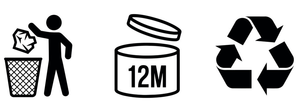 Set of black vector icons including litter bin, twelve month shelf life, and recycling symbol.