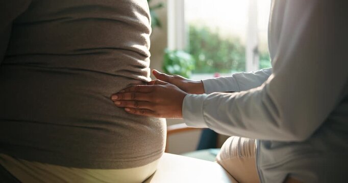 Hands, massage and patient with back pain for physiotherapy, assessment and stiffness for recovery. Physiotherapist, person and physio in office for checkup, muscle injury and rehabilitation progress