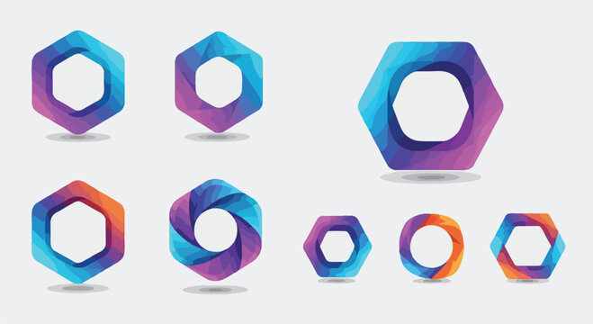 Collection of abstract hexagonal and circular logo designs with vibrant gradient colors and modern geometric shapes, suitable for branding.