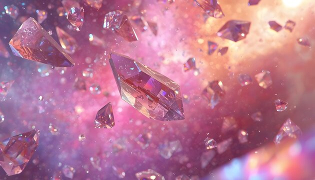 Surreal background with floating glowing pink and purple gem crystals in a cosmic shimmering atmosphere 3d rendering.