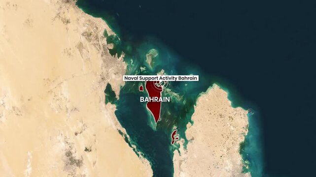 Animated Map Zoom to Bahrain Highlighting Naval Support Activity US Military Base
