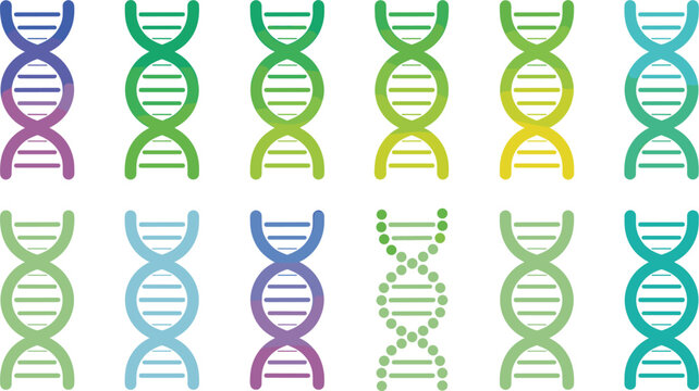 Colorful DNA Double Helix Icon Set Featuring Genetics, Molecular Biology, Biotechnology, and Genomics Symbols for Medical, Scientific, and Educational Design