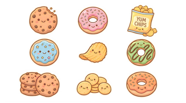 Cute cartoon snacks set with donuts cookies and potato chips isolated on transparent background