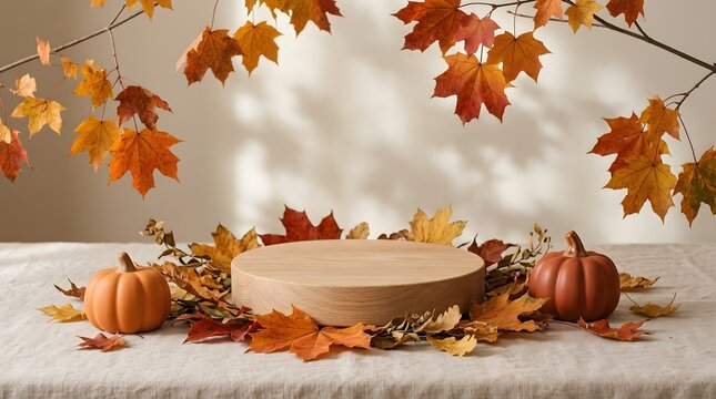 Happy halloween festive product display background with a wooden platform surrounded by autumn leaves and small pumpkins