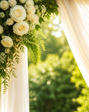 White rose wedding arch detail with flowing drapery and sunlit garden