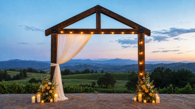 Minimal mountain wedding arch with white drapery, flowers and string lights