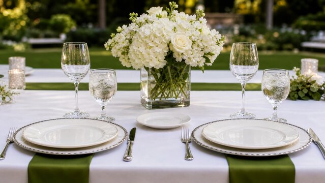 Elegant outdoor table setting with white hydrangeas and green napkins