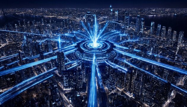 Futuristic cityscape with glowing digital network connections at night