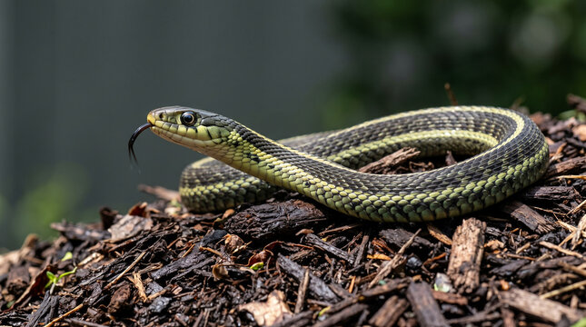 Green garter snake flicking its tongue on wood mulch