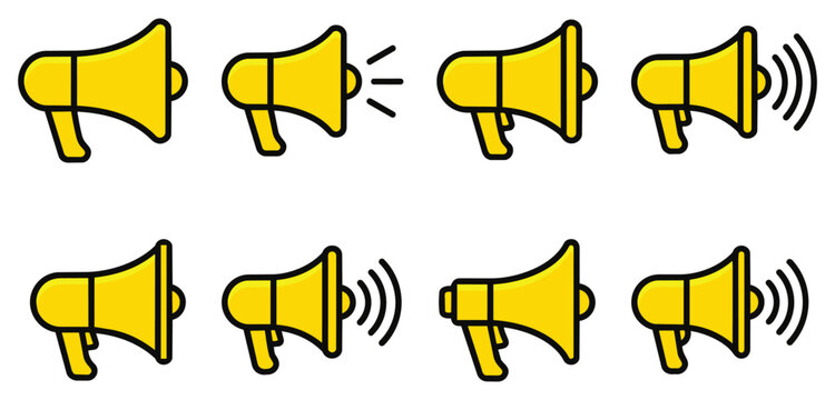Collection of yellow megaphone icons for communication and announcements with megaphone loudspeaker communication announcement