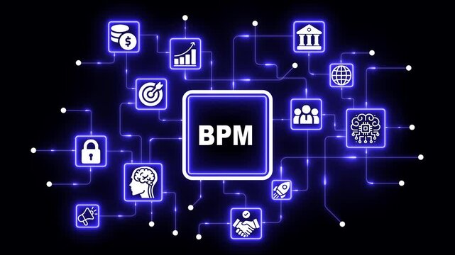 Business process management bpm concept with digital network and glowing data connectivity infographic