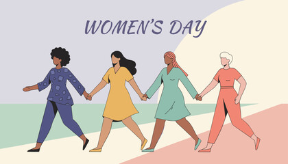 Naklejka premium Four diverse women of different ethnicities holding hands and walking together to celebrate International Women's Day on a colorful path.