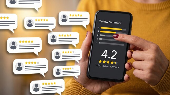 Hand hold smartphone display customer review summary app