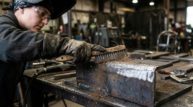 Welder Meticulously Cleans Metal Surfaces in a Busy Industrial Workshop