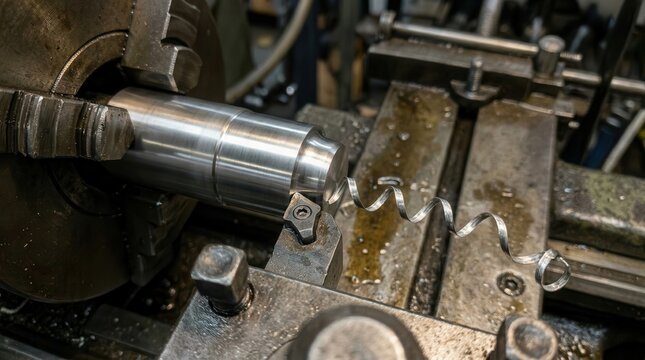 A Masterful Close-up of Industrial Lathe Craftsmanship Shaping Steel Components with Intricate Spiral Shavings in a Professional Engineering Workshop Environment