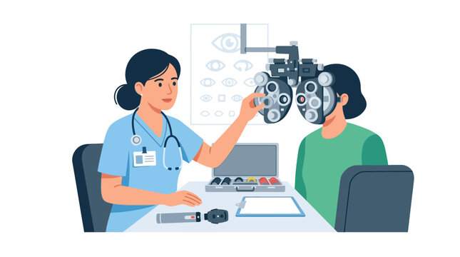 Female optometrist conducting an eye examination on a patient using a phoropter and Snellen eye chart in a medical clinic. Vector illustration featuring diagnostic tools and scrubs.