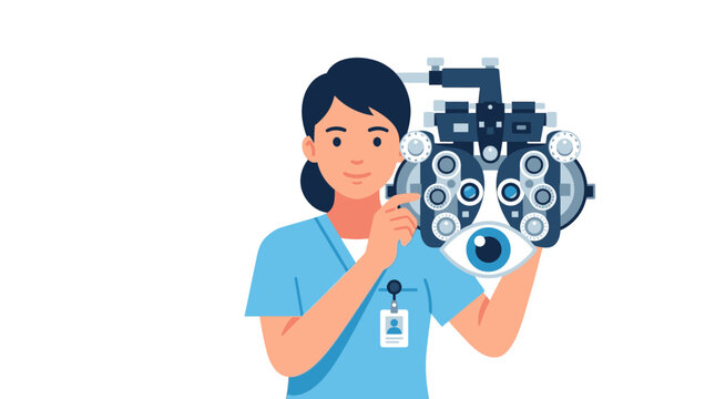 Female optometrist holding a phoropter eye exam machine. Vector illustration of ophthalmologist in blue scrubs with ID badge and vision testing equipment on white background.