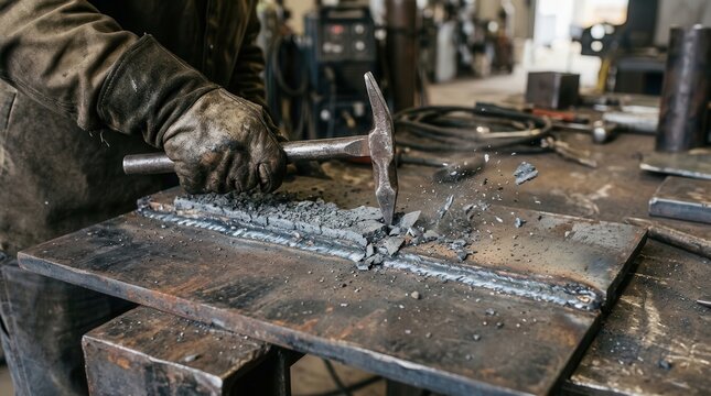 Artisan Performs Metal Fabrication by Chipping Slag from a Welded Steel Seam with a Hammer in an Industrial Workshop Setting Emphasizing Precision and Manual Craftsmanship