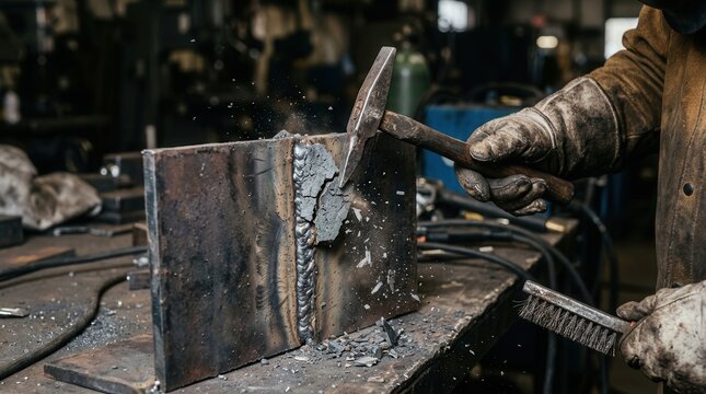 Metalworker Removing Slag from a Fresh Weld Seam with a Hammer in an Industrial Workshop Setting