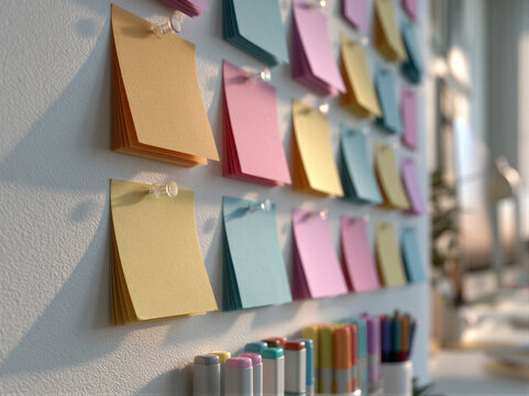Pastel blank sticky notes arranged diagonally on a white wall with pins and markers, blurred desk background, soft window light, left copy space for education planning and office branding templates.