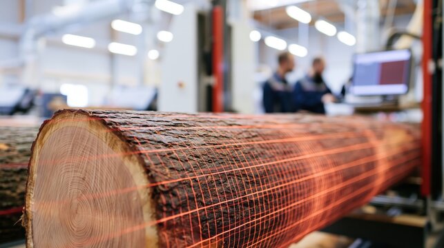 Log scanning optimizer with laser grid lines in sharp focus and blurred sawmill workers behind. Concept of sawmill processing technology.