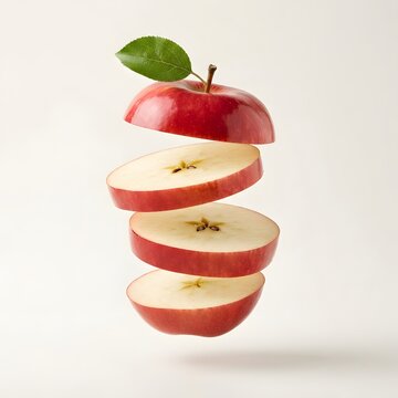 Creative Floating Apple Slices with Leaf on White Background