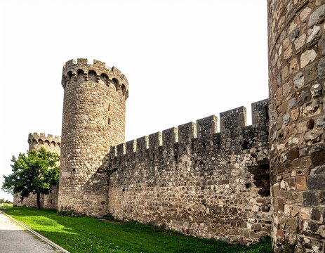 Long Section of Medieval Stone Defensive Wall with Watchtower Isolated on White. Horizontal View for History and Architecture Concepts.