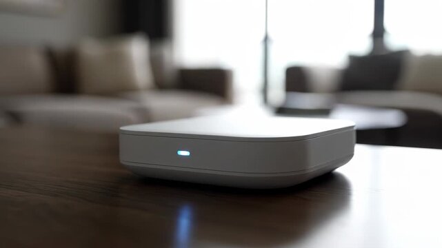 White electronic devices on the living room table, smart set-top box standby