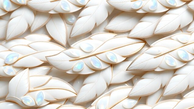 Luxury White Feather Pattern with Opal and Howlite Stone Inlaid in White Gold Seamless Texture Background