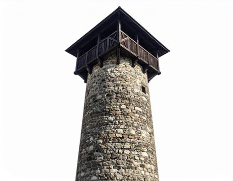 Medieval stone watchtower with overhanging timber hoarding isolated on white for history concepts