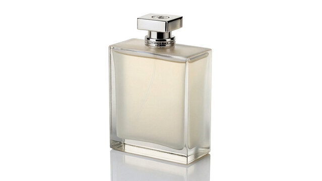 Elegant glass perfume bottle with silver cap isolated on transparent background cut out