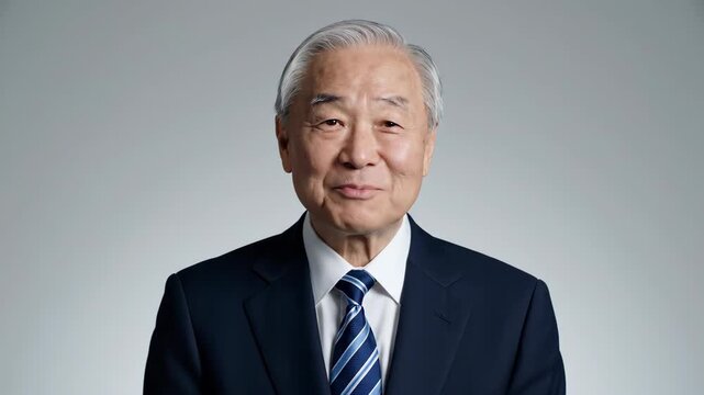 A close-up of an elderly man in a suit, half of his front body, and a business senior speaking