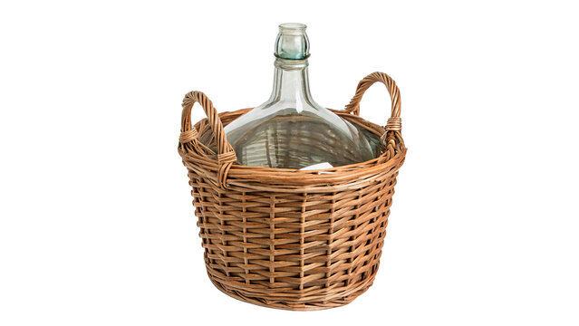 Empty wicker basket bottle jar for wine isolated on transparent background cut out