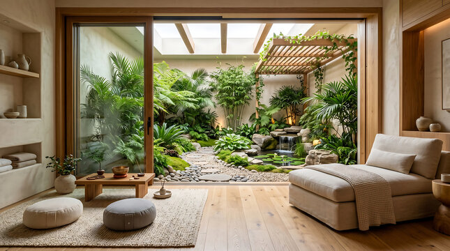 Luxury modern living room with glass sliding doors opening to a lush indoor Zen courtyard garden.