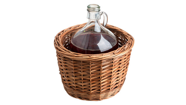 Wicker basket bottle filled with red wine isolated on transparent background cut out