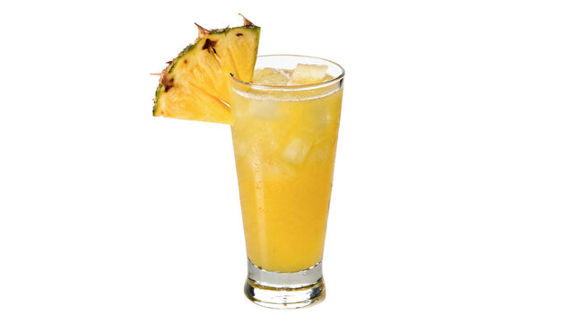 Glass of fresh yellow pineapple juice cocktail isolated on transparent background cut out