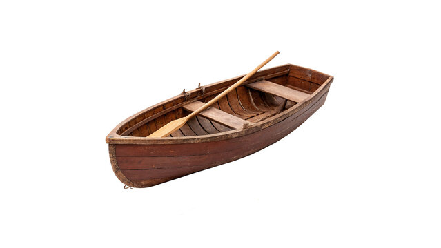 Small wooden rowing boat canoe vessel isolated on transparent background cut out