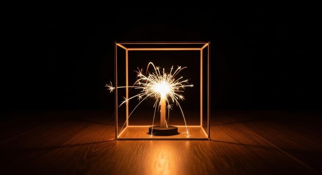 Burning sparkler emitting sparks within a glowing geometric cube frame on a wooden surface with a dark background and warm reflections, conceptual still life photography.