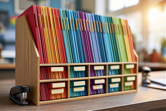Gradient colorful folders on wooden rack with blank tabs, warm window light, soft blurred background, minimalist desk layout with negative space for school administration and education marketing.