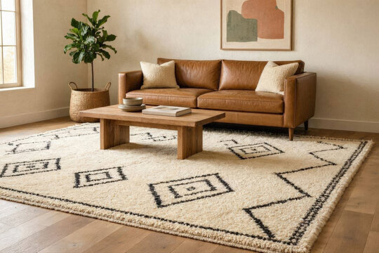 Bright modern living room with leather sofa and Moroccan rug