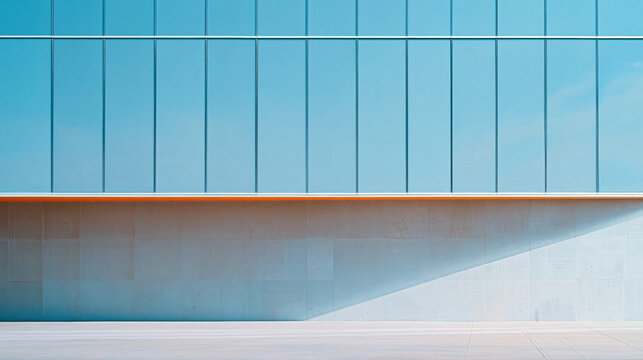 Modern building facade with blue glass panels and concrete wall