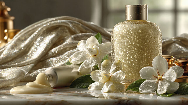 Luxury golden cosmetic bottles with jasmine flowers and silk