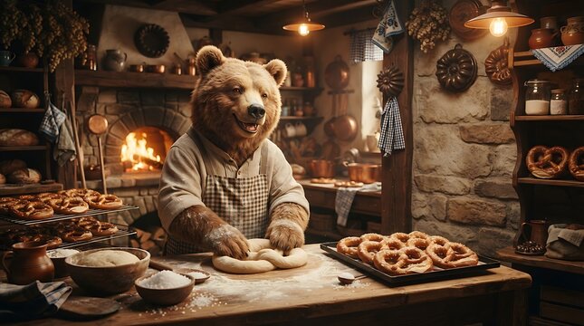A friendly brown bear baker preparing fresh pretzels in a rustic stone kitchen for Oktoberfest.