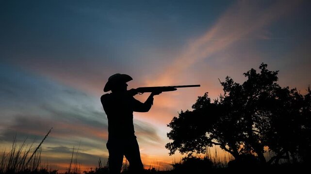 man shooting a shotgun at sunset