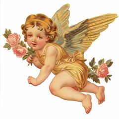 Fototapeta premium Vintage cherub holding pink roses.