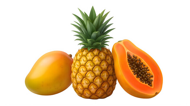 Fresh pineapple mango and papaya tropical fruits isolated on transparent background