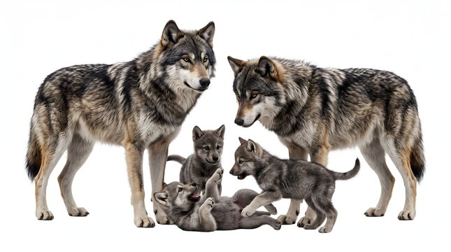 Two Gray Wolves Standing Together Isolated on White Background Realistic Wildlife Canis Lupus Pair Portrait with Detailed Fur and Alert Expressions