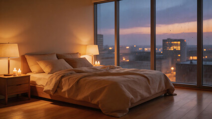 Obraz premium Cozy bedroom with city view at dusk